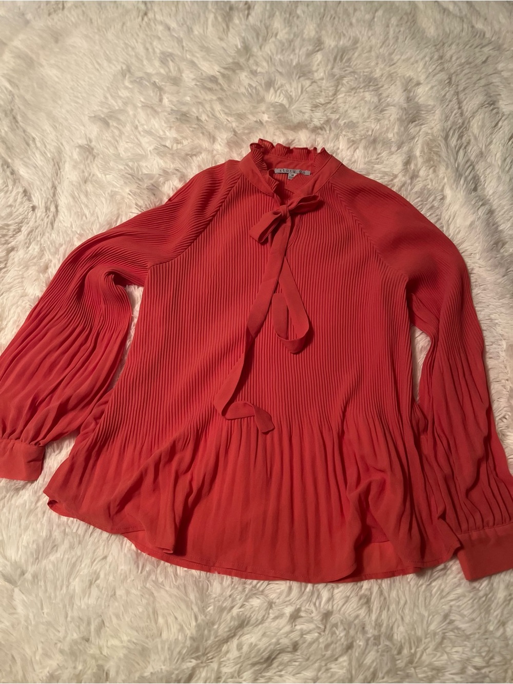 Pleated Tie-Neck Blouse in Coral